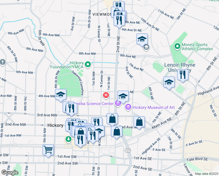 map of restaurants, bars, coffee shops, grocery stores, and more near 105 5th Avenue Northeast in Hickory