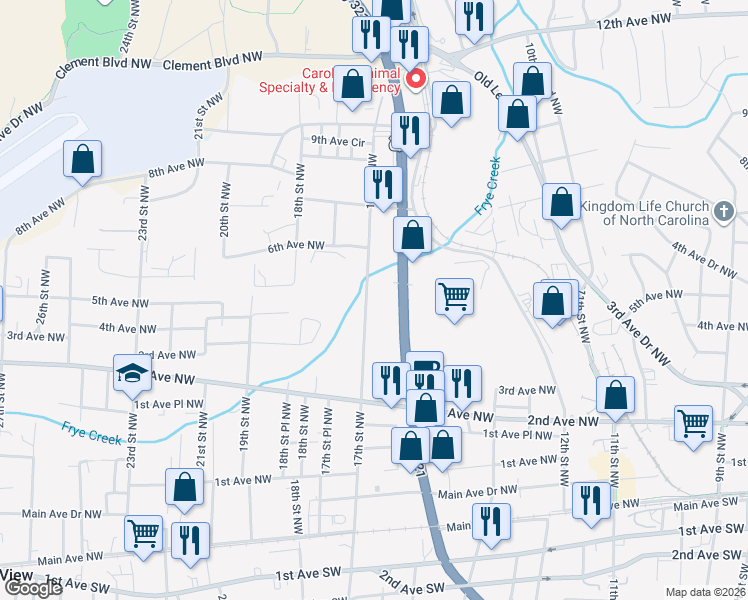 map of restaurants, bars, coffee shops, grocery stores, and more near 401-523 17th Street Northwest in Hickory