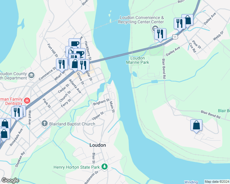 map of restaurants, bars, coffee shops, grocery stores, and more near 901 Main Street in Loudon