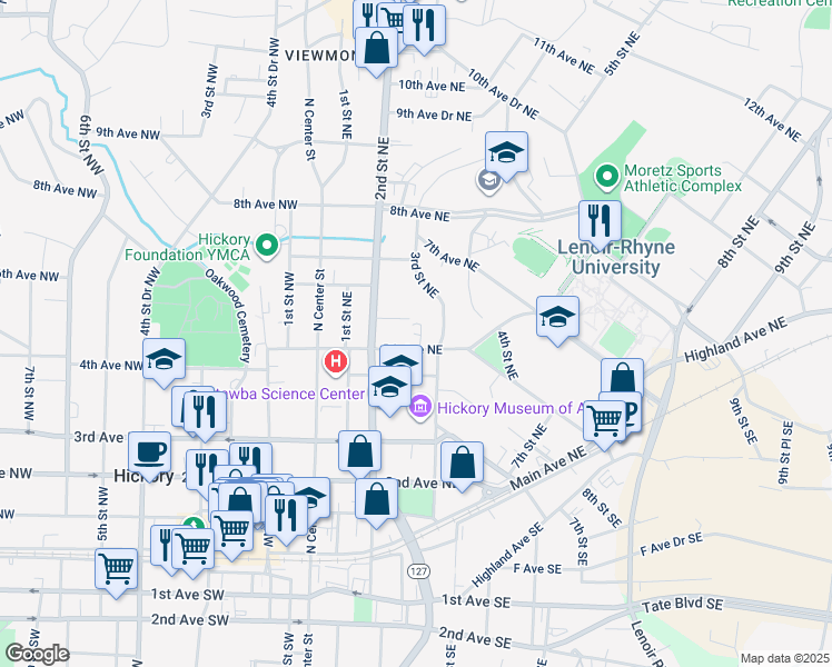 map of restaurants, bars, coffee shops, grocery stores, and more near 255 5th Avenue Northeast in Hickory