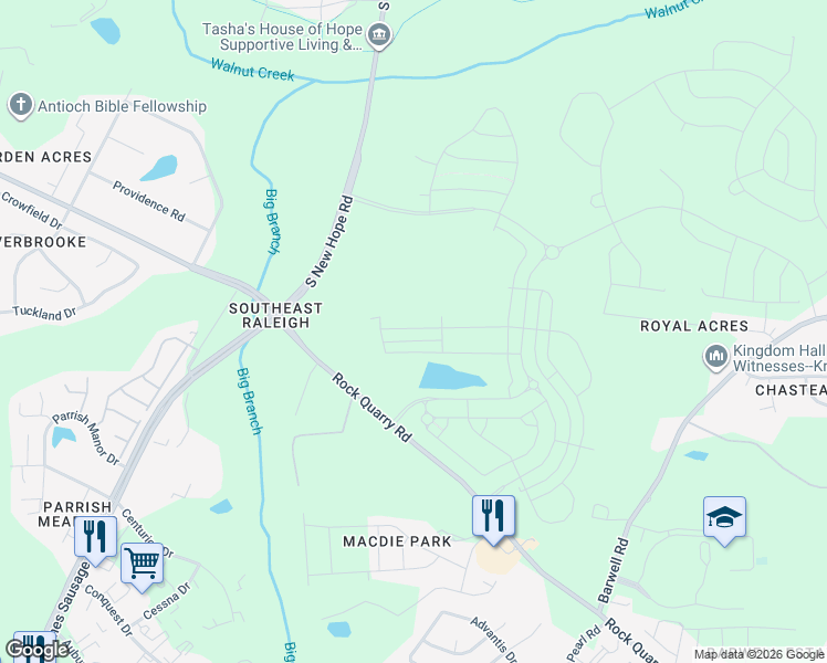 map of restaurants, bars, coffee shops, grocery stores, and more near 2281 South New Hope Road in Raleigh