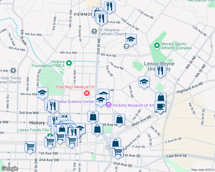 map of restaurants, bars, coffee shops, grocery stores, and more near 255 5th Avenue Northeast in Hickory