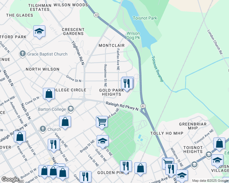 map of restaurants, bars, coffee shops, grocery stores, and more near 603 Lynwood Avenue Northeast in Wilson