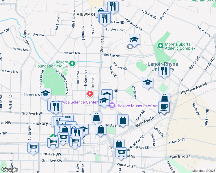 map of restaurants, bars, coffee shops, grocery stores, and more near 237 5th Avenue Northeast in Hickory