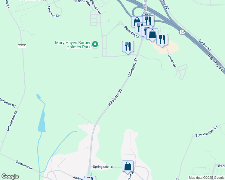 map of restaurants, bars, coffee shops, grocery stores, and more near 1395 Hillsboro Street in Pittsboro