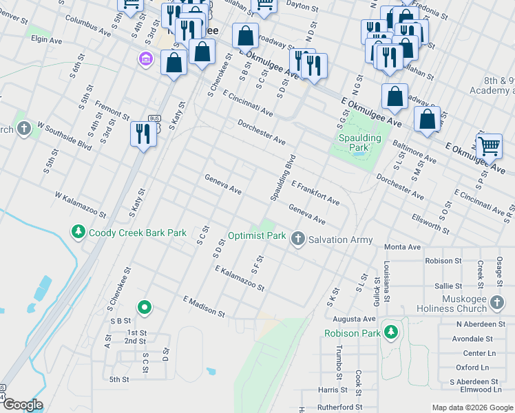 map of restaurants, bars, coffee shops, grocery stores, and more near 711 Spaulding Boulevard in Muskogee