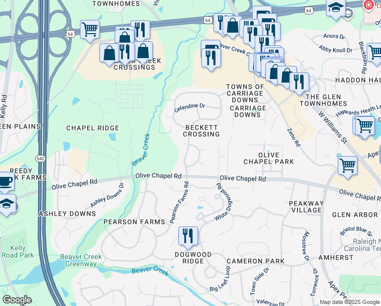 map of restaurants, bars, coffee shops, grocery stores, and more near 1012 Fairfax Woods Drive in Apex