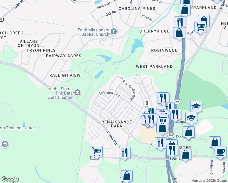 map of restaurants, bars, coffee shops, grocery stores, and more near 800 Chapanoke Road in Raleigh