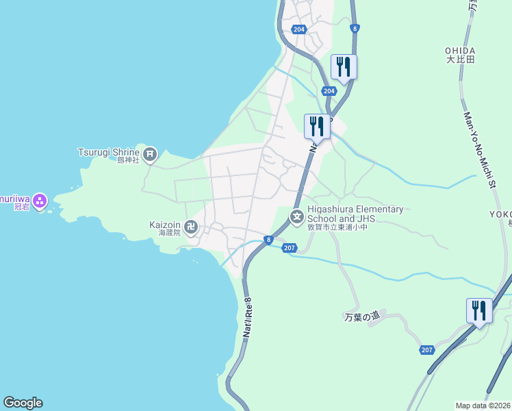 map of restaurants, bars, coffee shops, grocery stores, and more near in Tsuruga