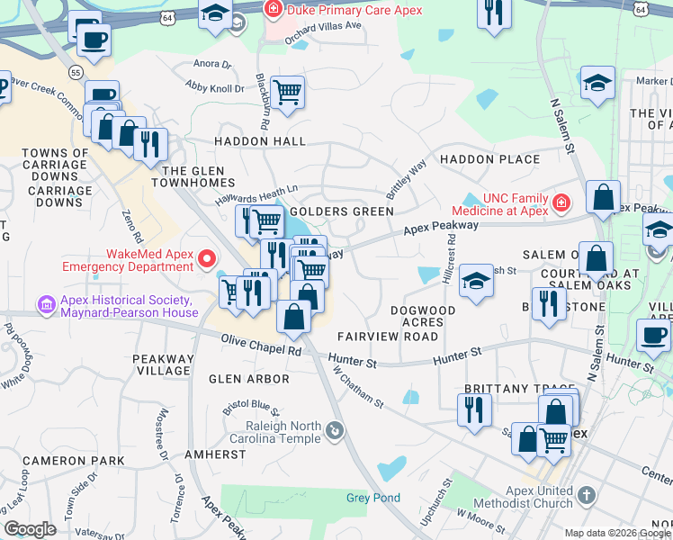 map of restaurants, bars, coffee shops, grocery stores, and more near 811 Winter Hill Drive in Apex