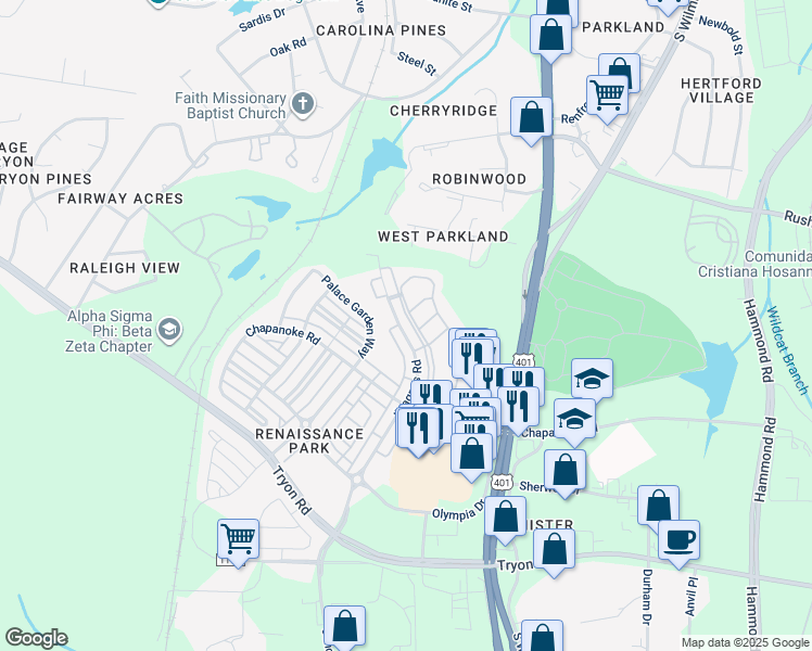 map of restaurants, bars, coffee shops, grocery stores, and more near 1025 Ileagnes Road in Raleigh