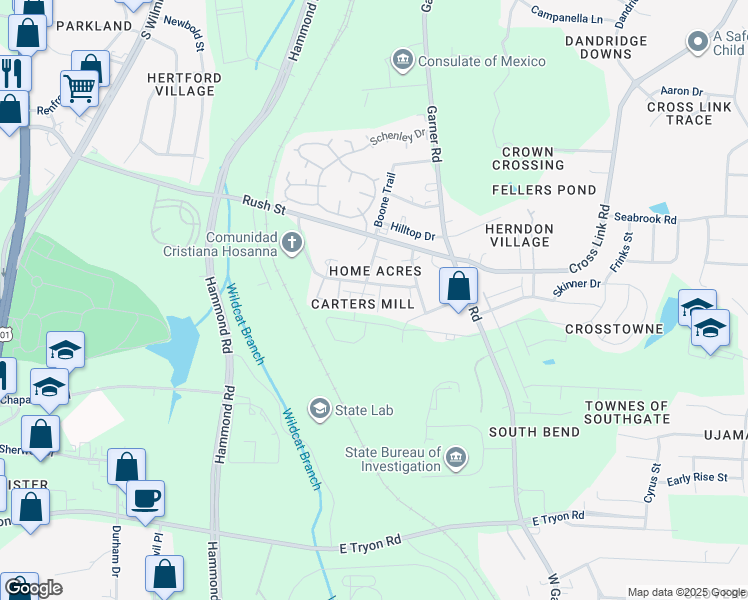 map of restaurants, bars, coffee shops, grocery stores, and more near 3011 Boone Trail in Raleigh
