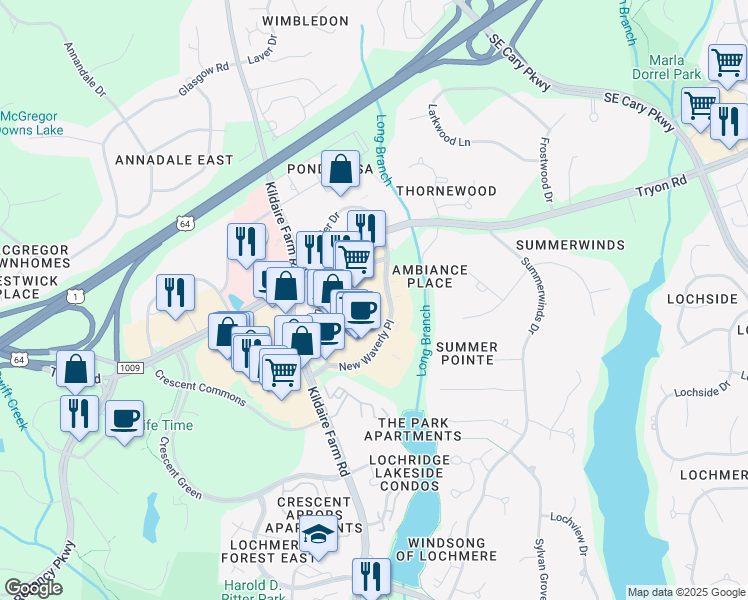 map of restaurants, bars, coffee shops, grocery stores, and more near 525 New Waverly Place in Cary
