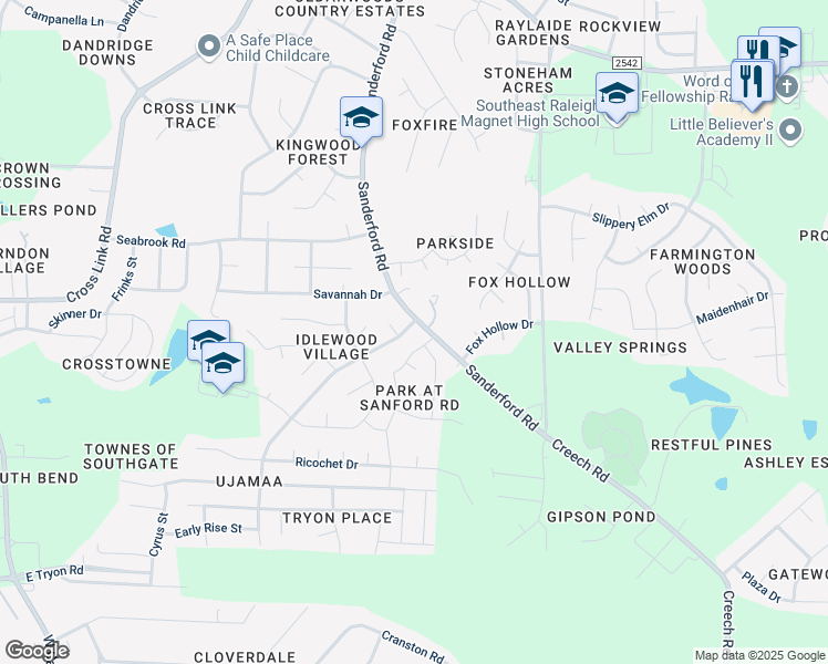 map of restaurants, bars, coffee shops, grocery stores, and more near 2905 Idlewood Village Drive in Raleigh