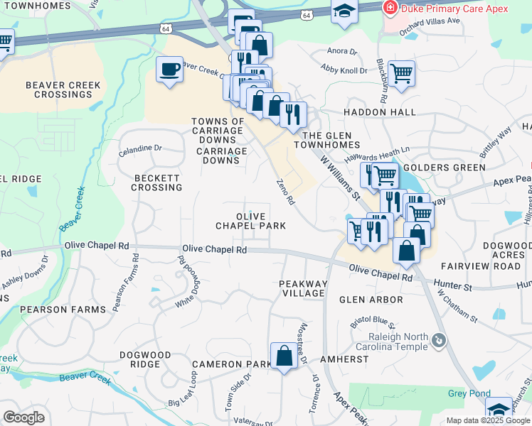 map of restaurants, bars, coffee shops, grocery stores, and more near 1121 Alsace Drive in Apex