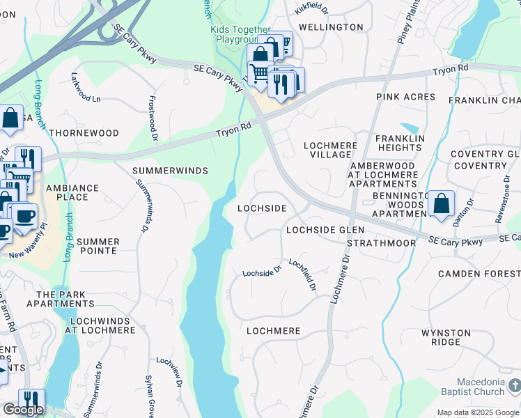 map of restaurants, bars, coffee shops, grocery stores, and more near 103 Duckwood Lane in Cary