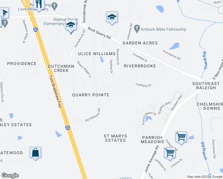 map of restaurants, bars, coffee shops, grocery stores, and more near 3210 Hayling Drive in Raleigh