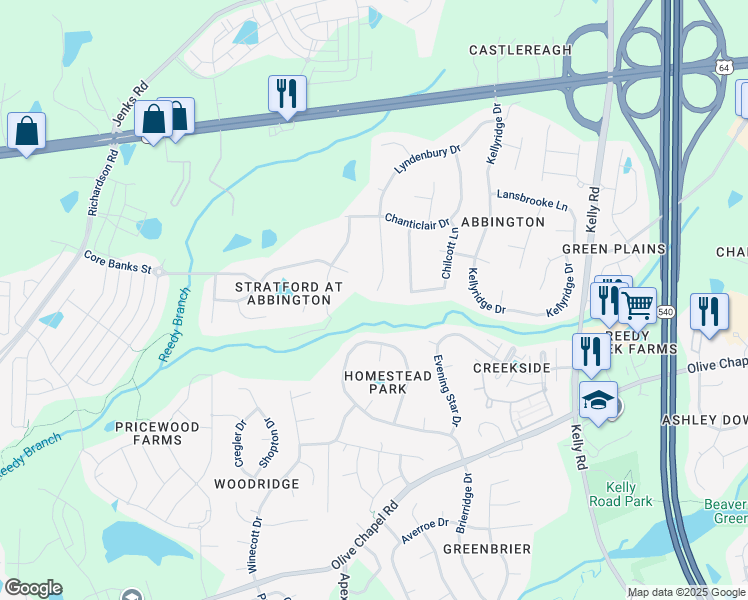 map of restaurants, bars, coffee shops, grocery stores, and more near 521 Lyndenbury Dr in Apex