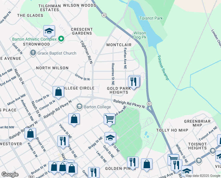 map of restaurants, bars, coffee shops, grocery stores, and more near 813 Rountree Street Northeast in Wilson