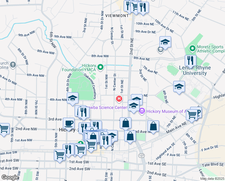 map of restaurants, bars, coffee shops, grocery stores, and more near 519 North Center Street in Hickory