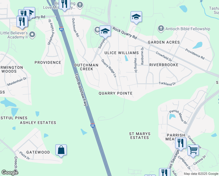 map of restaurants, bars, coffee shops, grocery stores, and more near 2627 Pebble Meadow Lane in Raleigh