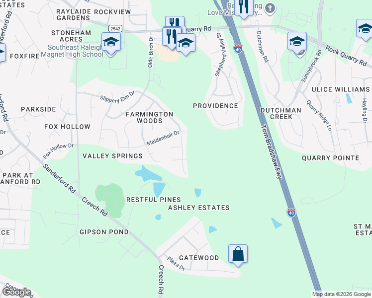 map of restaurants, bars, coffee shops, grocery stores, and more near 3301 Slippery Elm Drive in Raleigh