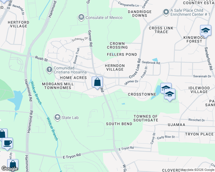 map of restaurants, bars, coffee shops, grocery stores, and more near 726 Maypearl Lane in Raleigh