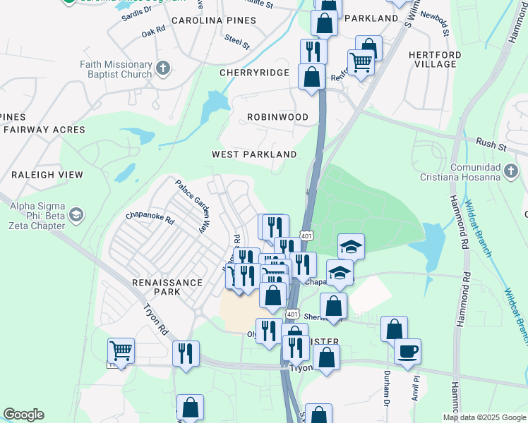 map of restaurants, bars, coffee shops, grocery stores, and more near 1099 Renewal Place in Raleigh