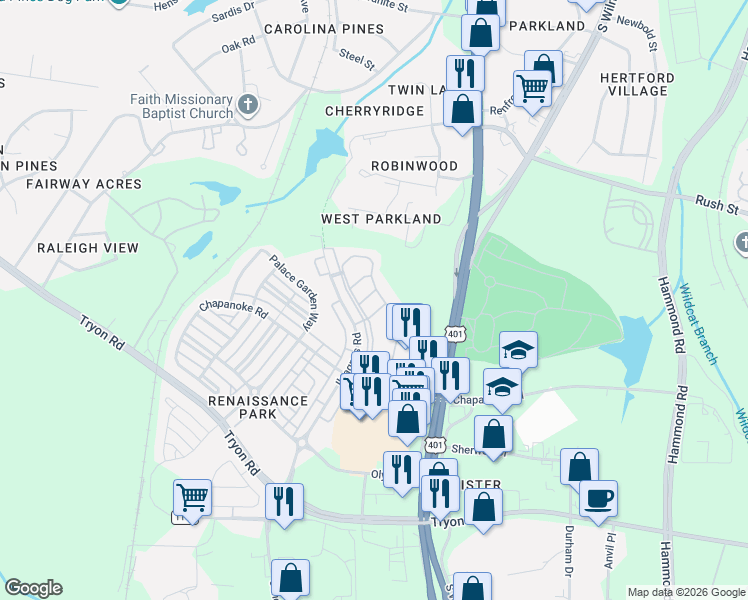 map of restaurants, bars, coffee shops, grocery stores, and more near 414 Stone Flower Lane in Raleigh