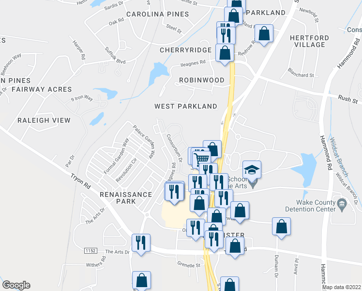 map of restaurants, bars, coffee shops, grocery stores, and more near 414 Stone Flower Lane in Raleigh