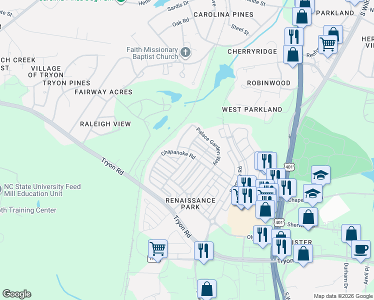 map of restaurants, bars, coffee shops, grocery stores, and more near 800 Chapanoke Road in Raleigh