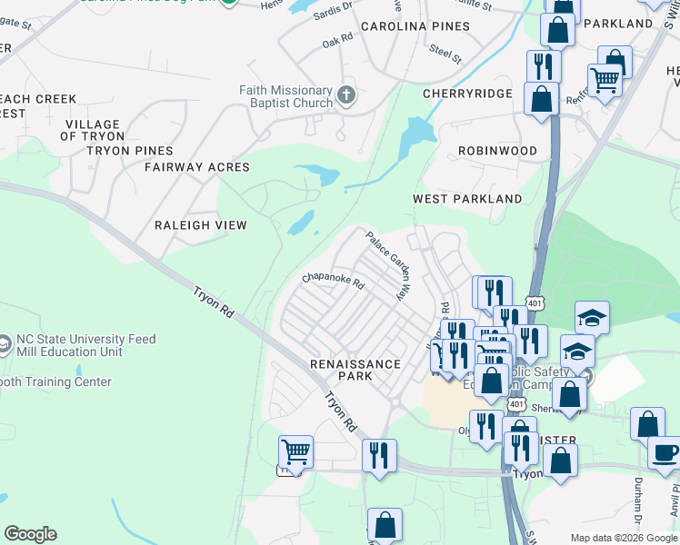 map of restaurants, bars, coffee shops, grocery stores, and more near 800 Chapanoke Road in Raleigh