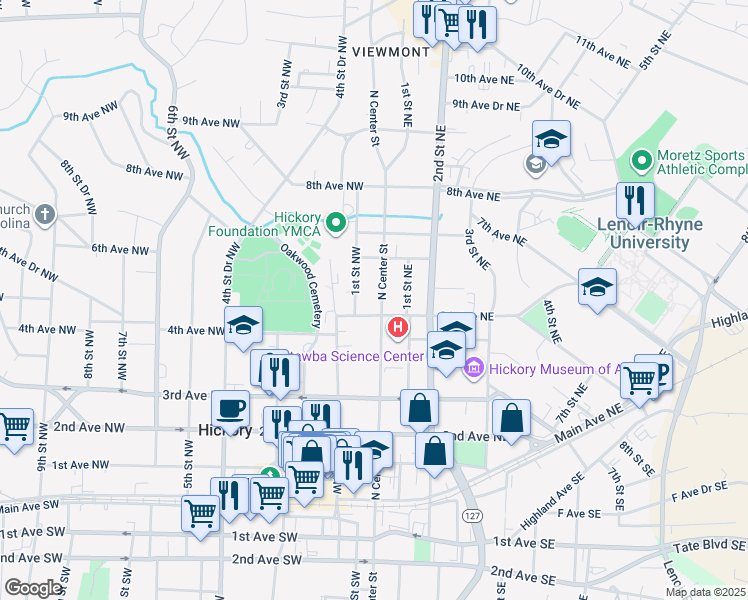 map of restaurants, bars, coffee shops, grocery stores, and more near 519 North Center Street in Hickory