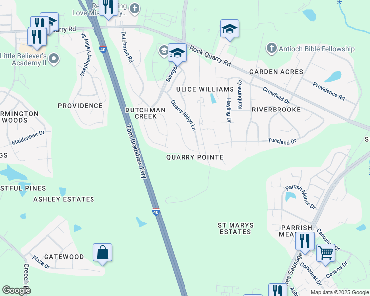 map of restaurants, bars, coffee shops, grocery stores, and more near 2627 Pebble Meadow Lane in Raleigh