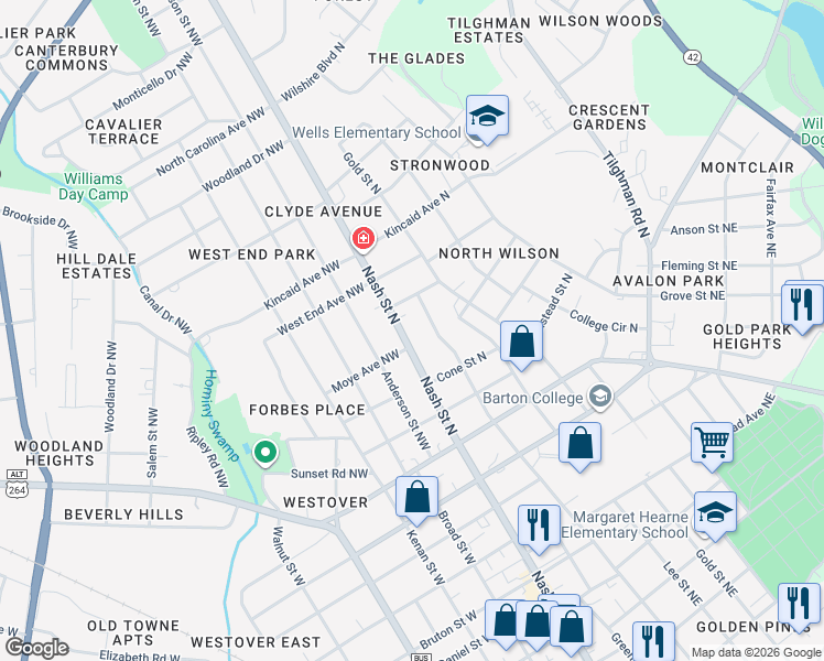 map of restaurants, bars, coffee shops, grocery stores, and more near 1118 Nash Street North in Wilson