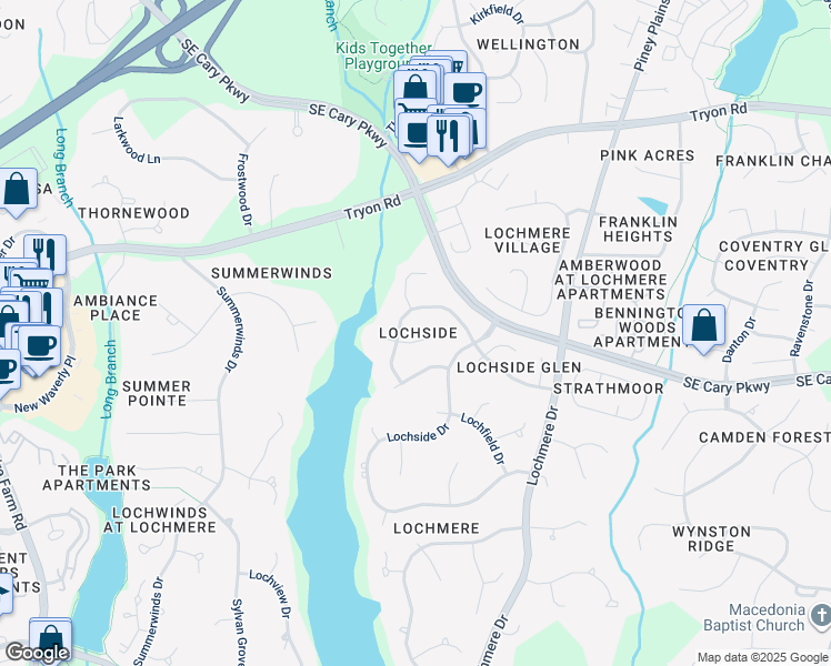 map of restaurants, bars, coffee shops, grocery stores, and more near 103 Duckwood Lane in Cary
