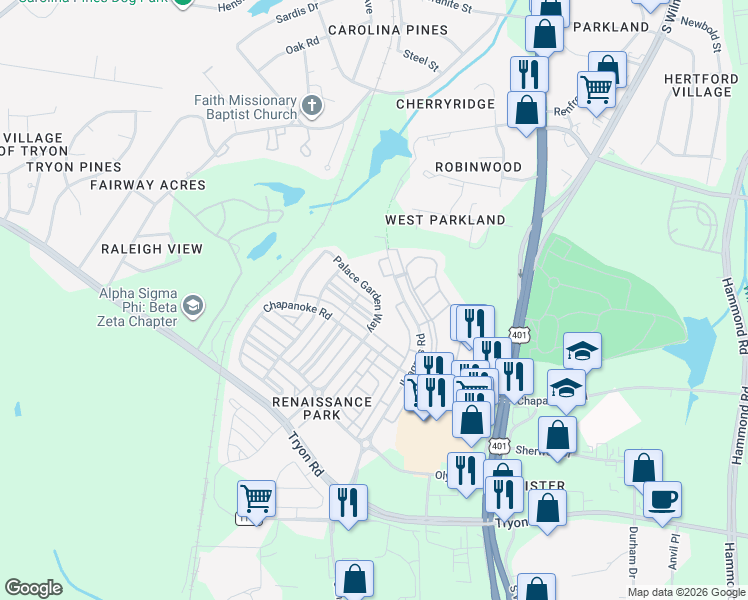 map of restaurants, bars, coffee shops, grocery stores, and more near 1116 Palace Garden Way in Raleigh