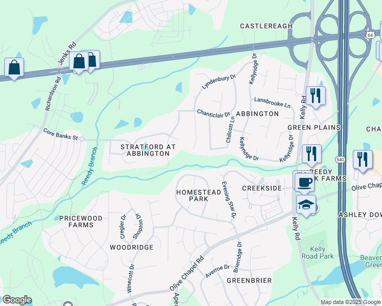map of restaurants, bars, coffee shops, grocery stores, and more near 521 Lyndenbury Dr in Apex