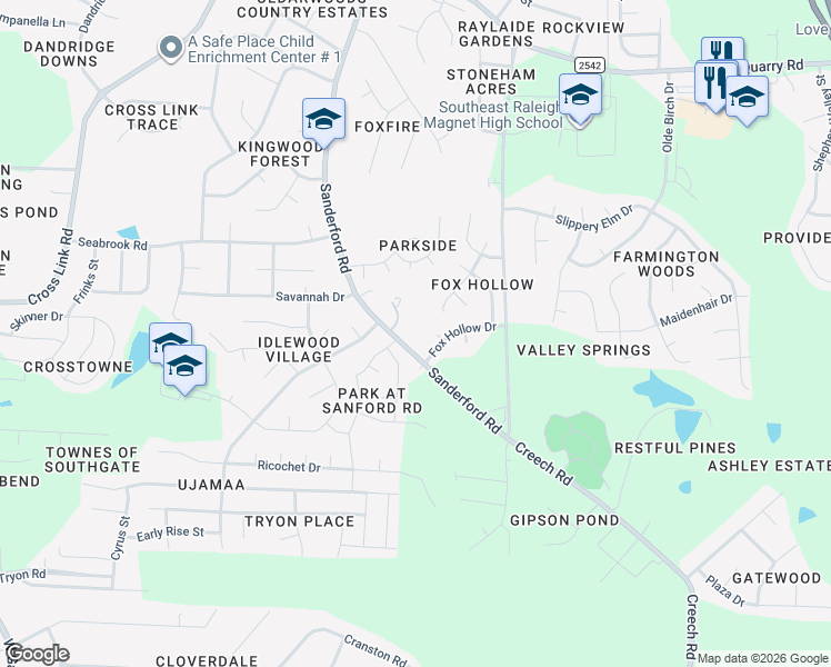 map of restaurants, bars, coffee shops, grocery stores, and more near 3009 Sanderford Road in Raleigh