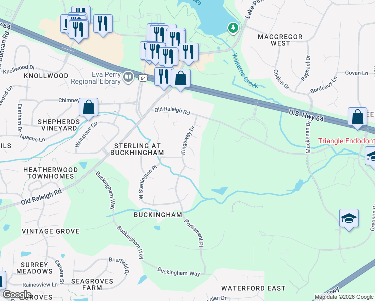 map of restaurants, bars, coffee shops, grocery stores, and more near 1000 Sunny Brae Court in Apex