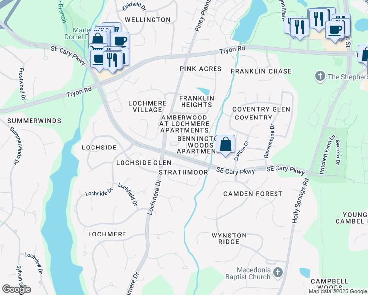 map of restaurants, bars, coffee shops, grocery stores, and more near 1300 Rice Ranch Way in Cary