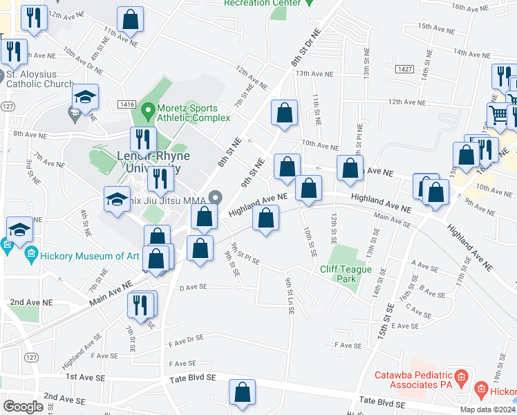 map of restaurants, bars, coffee shops, grocery stores, and more near 870 Highland Avenue Northeast in Hickory