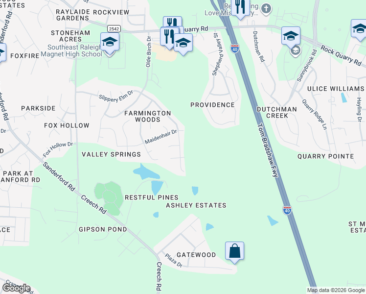 map of restaurants, bars, coffee shops, grocery stores, and more near 3301 Slippery Elm Drive in Raleigh