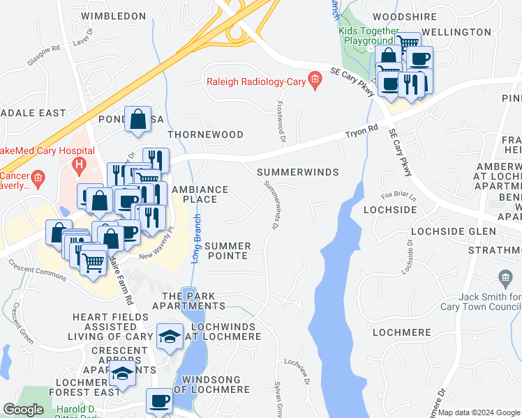 map of restaurants, bars, coffee shops, grocery stores, and more near 103 West Green Forest Drive in Cary