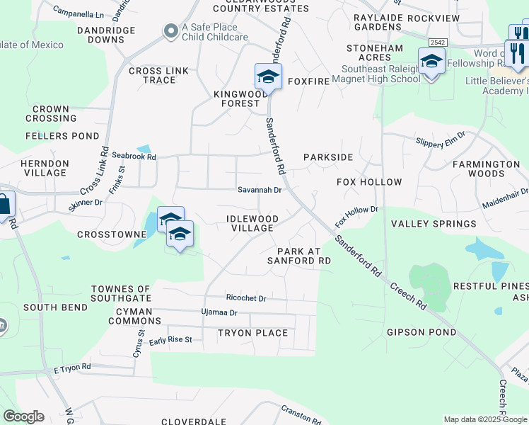map of restaurants, bars, coffee shops, grocery stores, and more near 3001 Snowberry Drive in Raleigh
