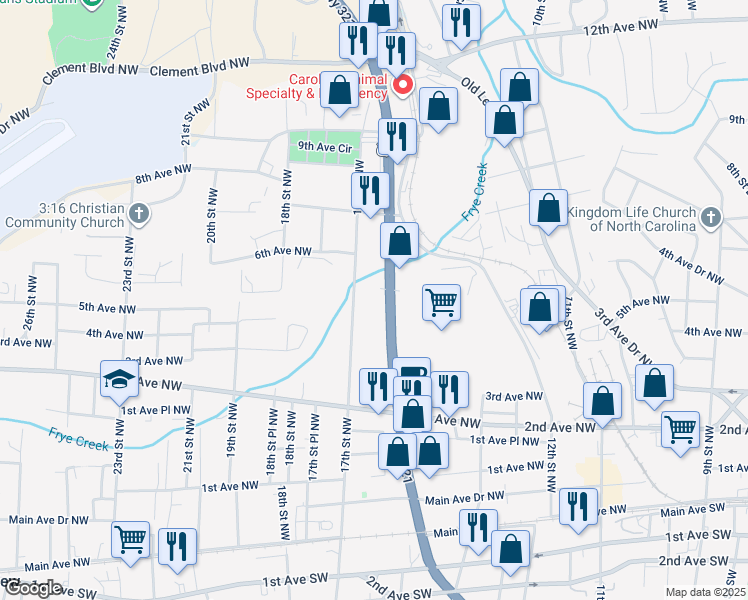 map of restaurants, bars, coffee shops, grocery stores, and more near 523 U.S. 321 in Hickory