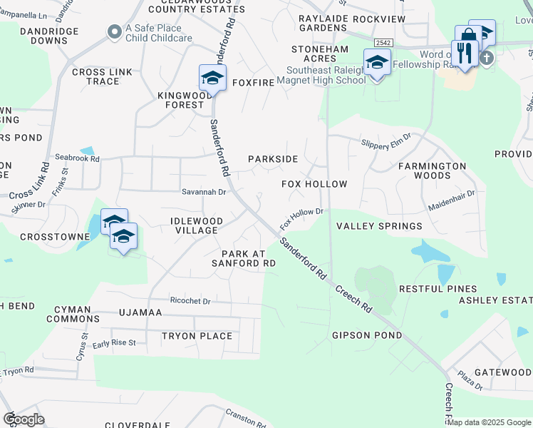 map of restaurants, bars, coffee shops, grocery stores, and more near 3009 Sanderford Road in Raleigh