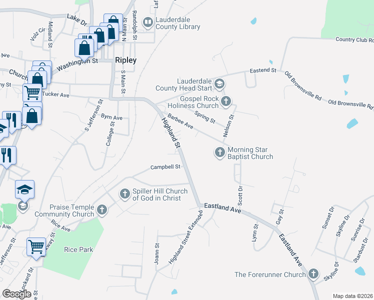 map of restaurants, bars, coffee shops, grocery stores, and more near 187 Highland Street in Ripley