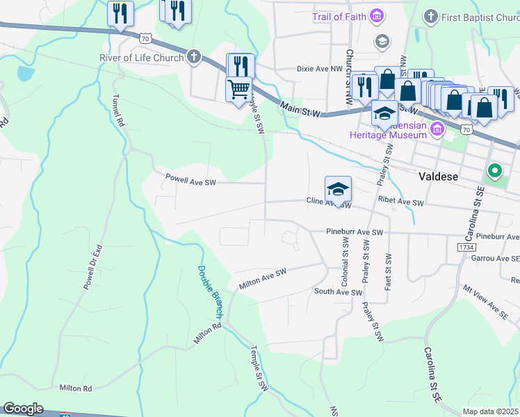 map of restaurants, bars, coffee shops, grocery stores, and more near 704 Hoyle Street Southwest in Valdese
