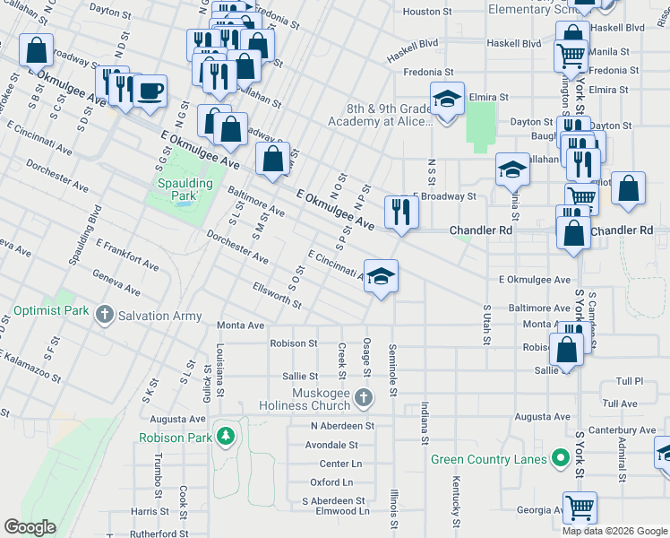 map of restaurants, bars, coffee shops, grocery stores, and more near 1615 East Cincinnati Avenue in Muskogee